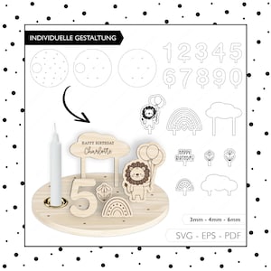 Laserdatei Geburtstagsteller SVG EPS PDF Geburtstag Löwe Regenbogen Kerzenteller Laser Cut Digitaler Download v286