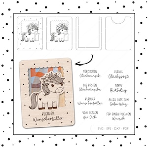 Laserdatei Geldgeschenk Pferd Geburtstag Mädchen Wunscherfüller SVG EPS DXF Gutschein Pony Geschenkkarte Laser Cut Digitaler Download v279