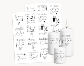 Tatuaggi di candele, scritte di lutto, luce commemorativa, candele in formato PDF, pellicola scorrevole ad acqua per candele a blocco, candele a colonna, decorazioni di candele | Stampabile
