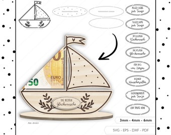 Laser file money gift baptism SVG EPS DXF banknote boat money holder banknote holder laser cut digital download v271