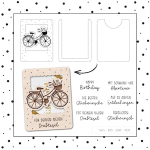 Archivo láser Dinero Regalo Bicicleta Cumpleaños Sobre SVG EPS DXF Vale Tarjeta de regalo Corte láser Descarga digital v156