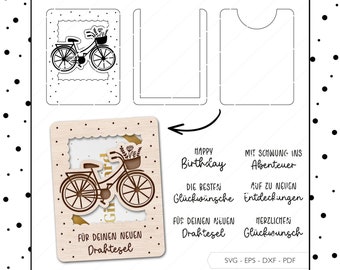 Laserdatei Geldgeschenk Fahrrad Geburtstag Umschlag SVG EPS DXF Gutschein Geschenkkarte Laser Cut Digitaler Download v156