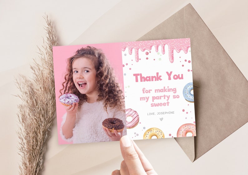 Editable Thank You Card Kids Birthday Donut Party Instant Etsy