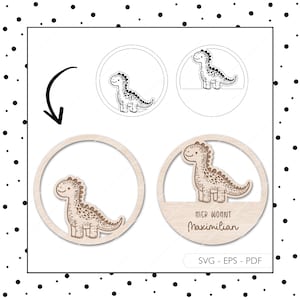 Arquivo a laser sinal de quarto infantil, sinal de porta de dinossauro, anel de porta svg, placa de identificação, arquivo de corte, dinossauro, corte a laser, download digital 813