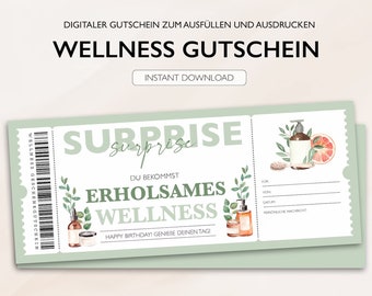 Personalisierter Gutschein Wellness Ticket PDF Download Wellnessgutschein Gutscheinkarte Bearbeitbare Gutscheine Zum Ausdrucken & Ausfüllen