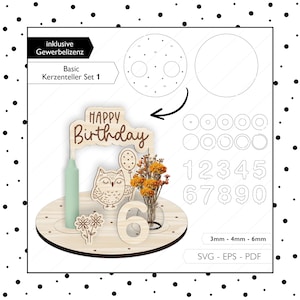 Laserdatei Geburtstagsteller SVG Geburtstag Kerzenteller Set Basic Laser Cut Digitaler Download 948