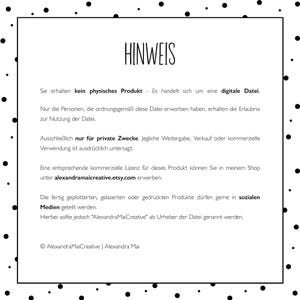 May include: Black and white text on a white background with black polka dots. The text reads "HINWEIS" and explains that the product is a digital file and not a physical product. It also states that the file is for private use only and that commercial use is prohibited. The text also includes a link to the seller's Etsy shop where a commercial license can be purchased.