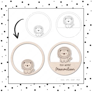 Laserdatei Kinderzimmer Schild Türschild SVG EPS DXF Türring Namensschild Schnittdatei Löwe Laser Cut Digitaler Download v206