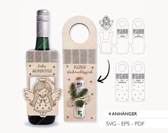 Laser file bottle pendant Christmas SVG EPS PDF money gift Christ Child Angel gift wrapping voucher laser file 712