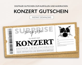 Personalisierter Gutschein Konzert Ticket PDF Download Weihnachten Konzertgutschein Gutscheinkarte Gutscheine Zum Ausdrucken Zum Ausfüllen