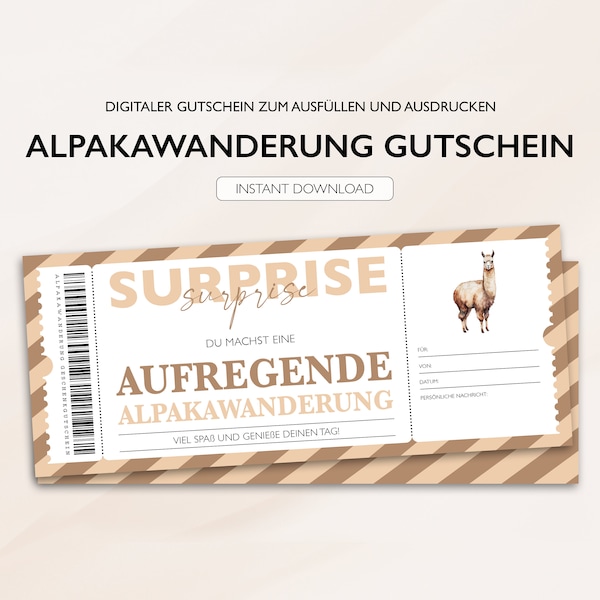 Personalisierter Gutschein Alpakawanderung Ticket PDF Download Alpaka Ausflug Bearbeitbare Gutscheine Zum Ausdrucken Und Zum Ausfüllen