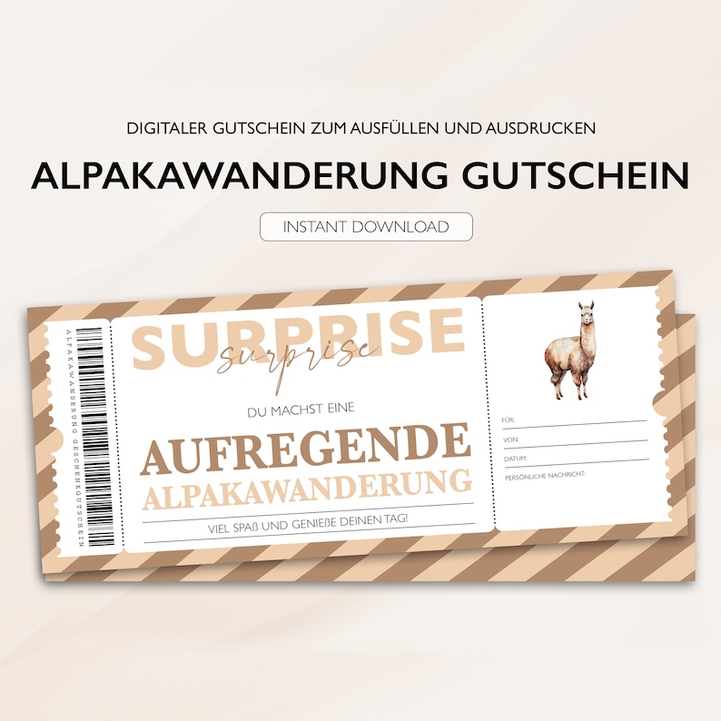 Personalized voucher alpaca hike ticket PDF download alpaca excursion editable vouchers to print out and fill out image 1