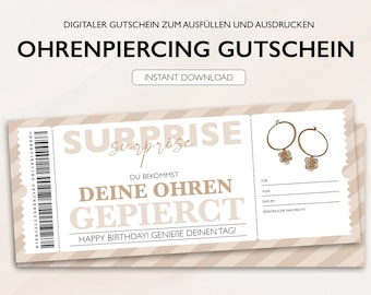 Personalisierter Gutschein Piercing Ticket PDF Download Ohrpiercing Ohrringe Ohrenpiercing Bearbeitbare Gutscheine Zum Ausdrucken Ausfüllen