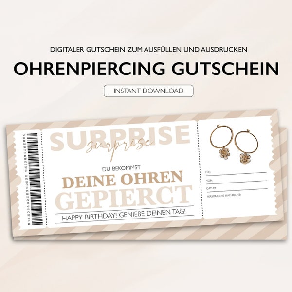 Personalisierter Gutschein Piercing Ticket PDF Download Ohrpiercing Ohrringe Ohrenpiercing Bearbeitbare Gutscheine Zum Ausdrucken Ausfüllen