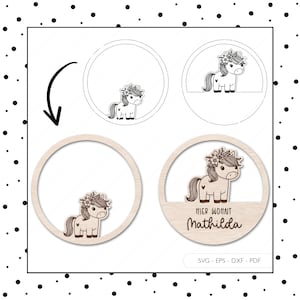Laserbestand kinderkamer teken deur teken SVG EPS DXF deurring naam plaat snijden bestand paard plotter bestand Laser Cut Digital Download v314