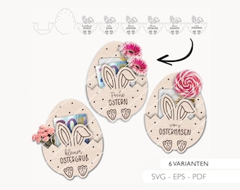 Plik laserowy, wielkanocny prezent pieniężny, SVG, uchwyt na pieniądze, jajko wielkanocne, karta podarunkowa, bon, wielkanocny zajączek, wycinany laserowo, pobieranie cyfrowe 838