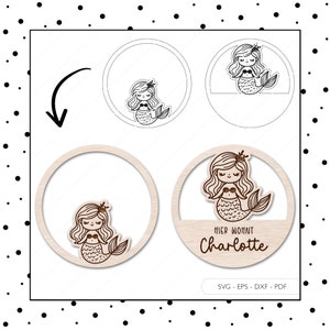 Fichier laser signe de porte de chambre d’enfant SVG EPS DXF anneau de porte nom plaque fichier de coupe Mermaid Laser Cut Digital Download v203