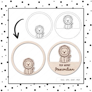 Laserdatei Kinderzimmer Schild Türschild SVG EPS DXF Türring Namensschild Schnittdatei Löwe Laser Cut Digitaler Download v209