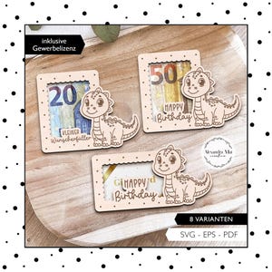 Archivo láser de regalo de dinero de cumpleaños SVG, portamonedas, cupón de tarjeta de regalo de dinosaurio, corte láser, descarga digital 983