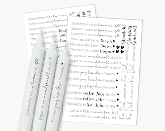 Candle tattoos with various motifs and sayings | PDF candle waterslide decals | For you, taper candles | Decorating candles | Printable