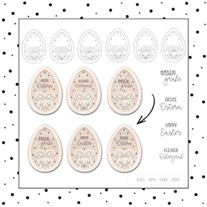 Laserdatei Osterhase Ostern Anhänger Osterei SVG EPS DXF Vektor Namensschild Geschenkanhänger Hase Laser Cut Digitaler Download v135