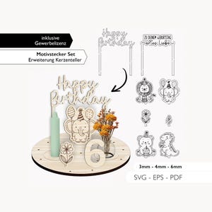 Pode incluir: Um conjunto de topo de bolo de aniversário em madeira com as palavras "Happy Birthday" e vários desenhos de animais e flores. Inclui um número 6 de madeira, uma vela e um pequeno vaso. O conjunto é para um bolo de 15 cm.