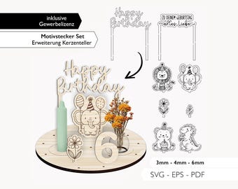 Peut inclure: Un ensemble de décoration de gâteau d'anniversaire en bois avec les mots "Happy Birthday" et divers motifs d'animaux et de fleurs. Comprend un chiffre 6 en bois, une bougie et un petit vase. L'ensemble est pour un gâteau de 15 cm.
