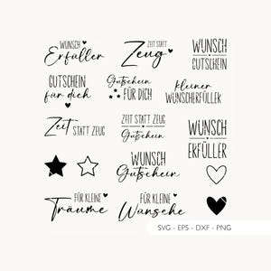 Op de afbeelding: Een verzameling zwarte tekstontwerpen op een crèmekleurige achtergrond. De ontwerpen bevatten zinnen als "Wunsch Erfüller" en "Gutschein für dich", samen met ster- en hartvormen. Rechtsonder staat "SVG - EPS - DXF - PNG".