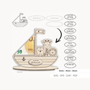 Laserdatei Geldgeschenk Taufe SVG EPS DXF Geldschein Boot Geldhalter Geldscheinhalter Laser Cut Digitaler Download v351