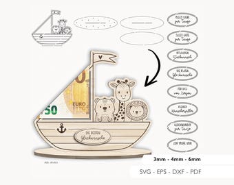 Laserdatei Geldgeschenk Taufe SVG EPS DXF Geldschein Boot Geldhalter Geldscheinhalter Laser Cut Digitaler Download v351