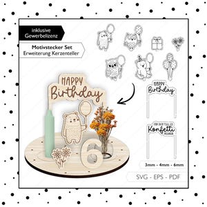 Laserdatei Geburtstagsteller Motivstecker SVG Geburtstag Kerzenteller Set Basic Erweiterung Laser Cut Digitaler Download 949