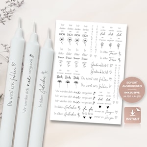 Tatouages de bougies de deuil | Modèle PDF pour le toboggan aquatique des bougies | Bougies de bâton de lumière de deuil | Décorer des bougies |  Pour imprimer