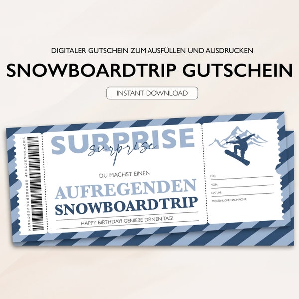 Personalisierter Gutschein Snowboard Ticket PDF Download Snowboardtrip Snowboard Fahren Bearbeitbare Gutscheine Zum Ausdrucken Zum Ausfüllen