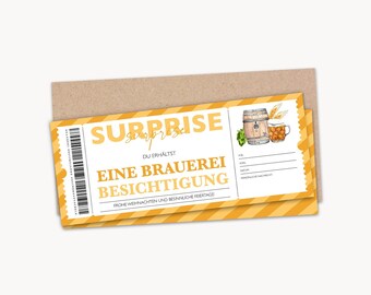 May include: A yellow and white ticket with the word "SURPRISE" and "EINE BRAUEREI BESICHTIGUNG" printed on it. The ticket features a beer barrel and mug illustration. The ticket is on a brown envelope.