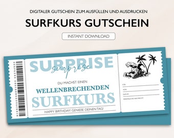 Personalisierter Gutschein Surfen Ticket PDF Download Surfkurs Surfing Bearbeitbare Gutscheine Zum Ausdrucken Und Zum Ausfüllen