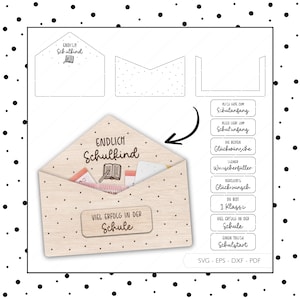 Arquivo a laser envelope de volta às aulas, envelope escolar, dinheiro, presente, embalagem de voucher SVG EPS DXF, corte a laser, download digital v262