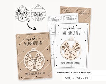 Laser file reindeer SVG tree decoration gift tag with print template PDF template print gift card Christmas with commercial license 779