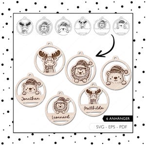 Fichier laser Étiquettes cadeaux de Noël SVG PDF EPS boules d’arbre 6 pendentifs décorations d’arbre lion ours renne fichier laser 680