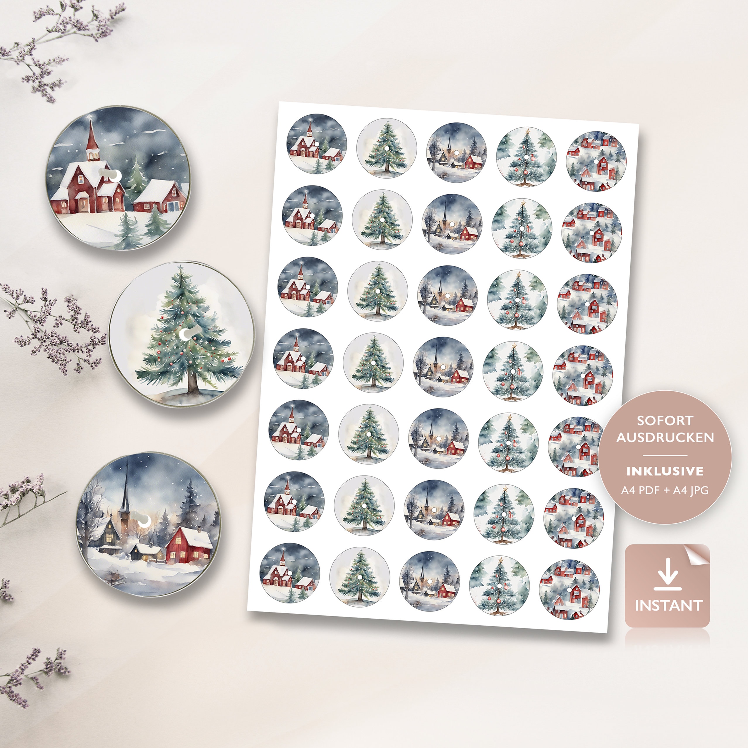 Tealight Messages Candle Tattoos Christmas | PDF Template Waterslide I Watercolor Winter Tealight Messages Candles Decorating 5