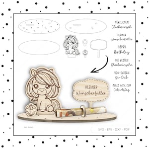 Arquivo a laser dinheiro presente menina aniversário SVG EPS DXF embalagem de notas de dinheiro cavalo porta-notas corte a laser download digital v406
