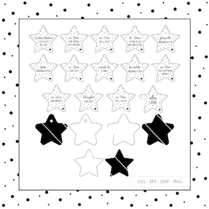 Fichier traceur Étoiles de Noël pendentif SVG Eps DXF PNG fichier laser vectoriel découpé au laser lettrage allemand téléchargement numérique v58