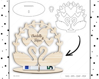 Archivo láser regalo de dinero de boda SVG EPS DXF billete titular de dinero cisnes corazón titular de billetes Laser Cut Digital Descargar v159