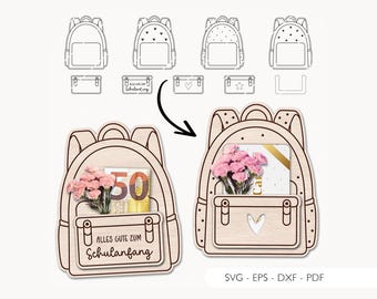 Archivo láser dinero regalo regreso a clases SVG EPS DXF porta dinero escolar mochila escolar tarjeta de regalo inscripción escolar corte láser descarga digital v430