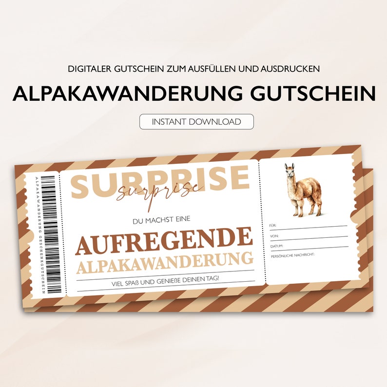 Personalisierter Gutschein Alpakawanderung Ticket PDF Download Alpaka Ausflug Bearbeitbare Gutscheine Zum Ausdrucken Und Zum Ausfüllen v2 Bild 1