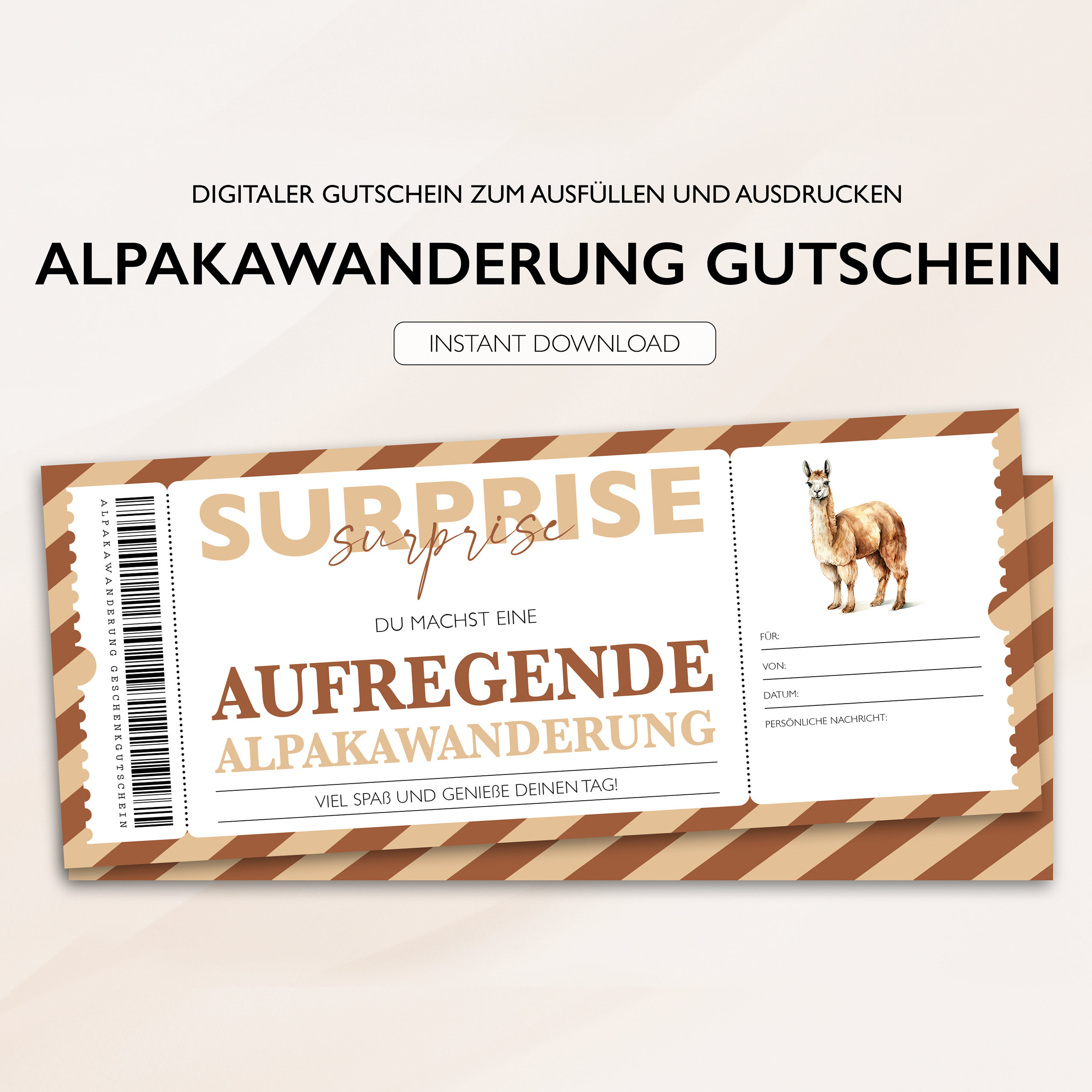 Personalized Voucher Alpaca Hike Ticket PDF Download Alpaca Excursion Editable Vouchers to Print and Fill in v2