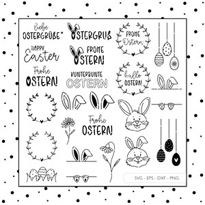 Plotterdatei Frohe Ostern SVG Eps DXF PNG Vektor Plotterdateien Deutsch Schriftzug Osterhase Osterkranz Laserdatei Digitaler Download v87