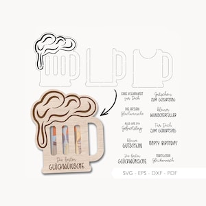 File laser denaro regalo boccale di birra busta SVG EPS DXF buono bicchiere di birra porta carte regalo taglio laser download digitale v115