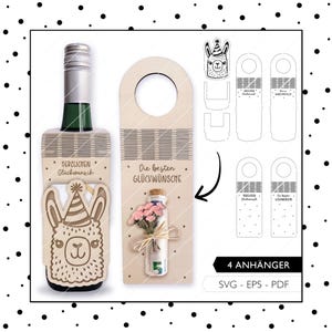 Etiqueta de garrafa de arquivo a laser aniversário SVG EPS PDF dinheiro presente alpaca lhama embalagem de presente voucher corte a laser download digital 733