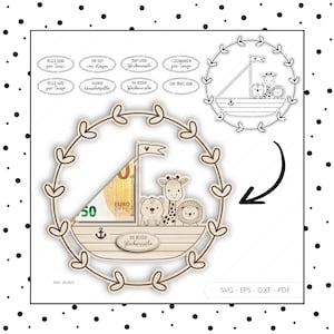 Fichier laser argent cadeau baptême SVG EPS DXF billet de banque arche bateau porte-monnaie porte-billets Laser Cut Digital Download v356