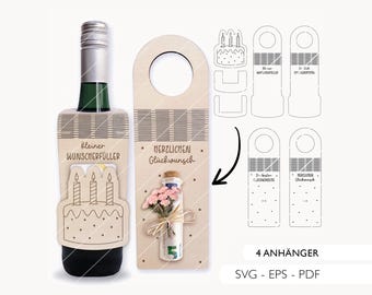 Laser file bottle tag birthday SVG EPS PDF cash gift gift wrapping voucher laser cut digital download 614